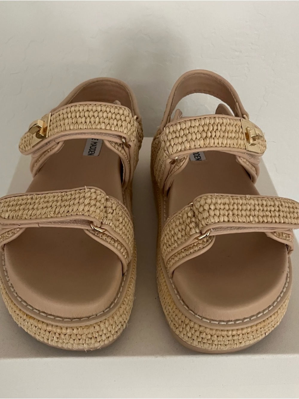 Steve Madden Big Mona Woven Beige Platform Sandals with Gold Buckle
